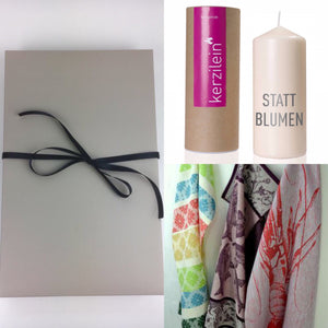 Geschenke Box in grauer Box mit Kerzilein Kerze Statt Blumen und Geschirrtuch / Gläsertuch mit Motiv  